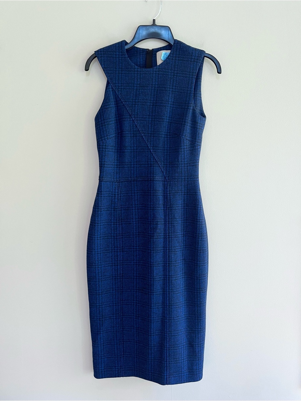 Jason Wu Virgin Wool Tailored Tweed Sleeveless Sheath Blue Black Plaid Dress, 2